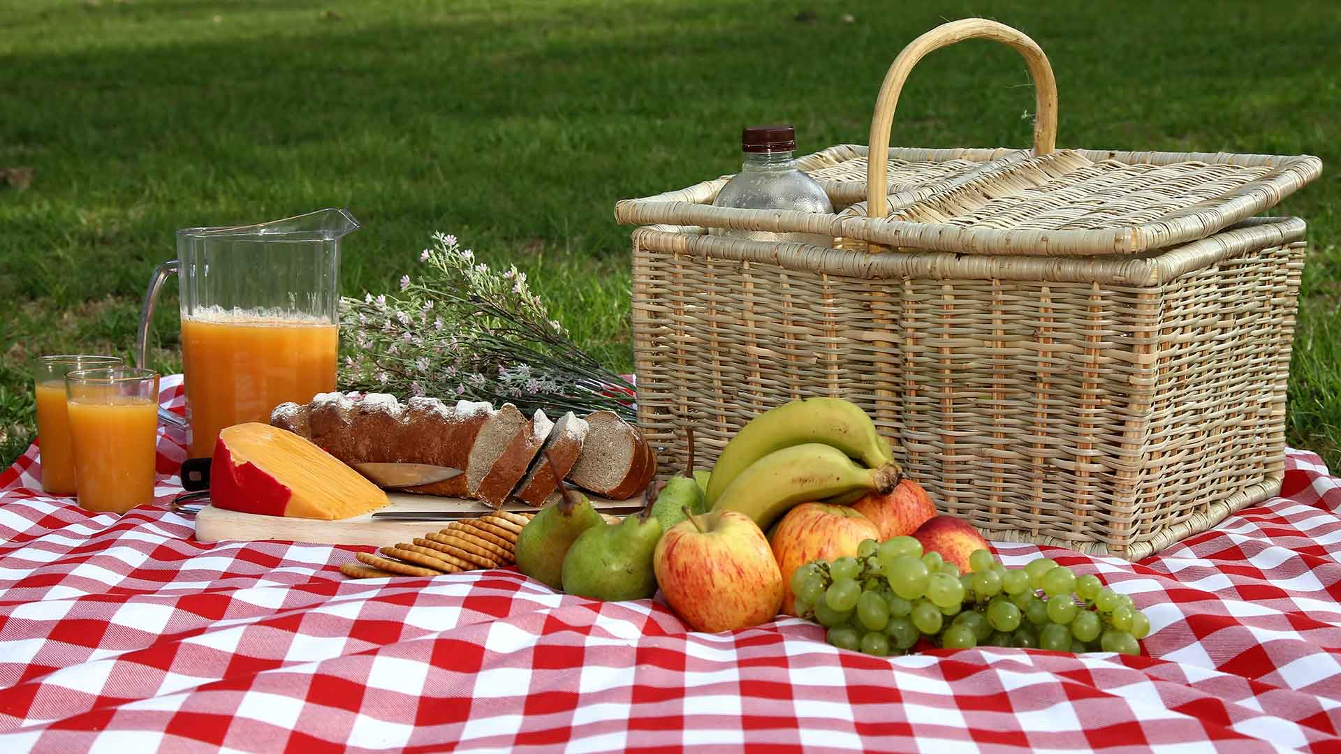 Cesta de picnic, mantel y comida esparcidos en un patio trasero