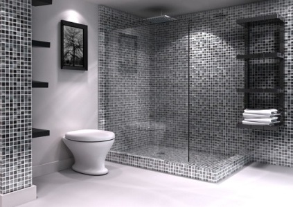 Hermoso baño con mosaico gris